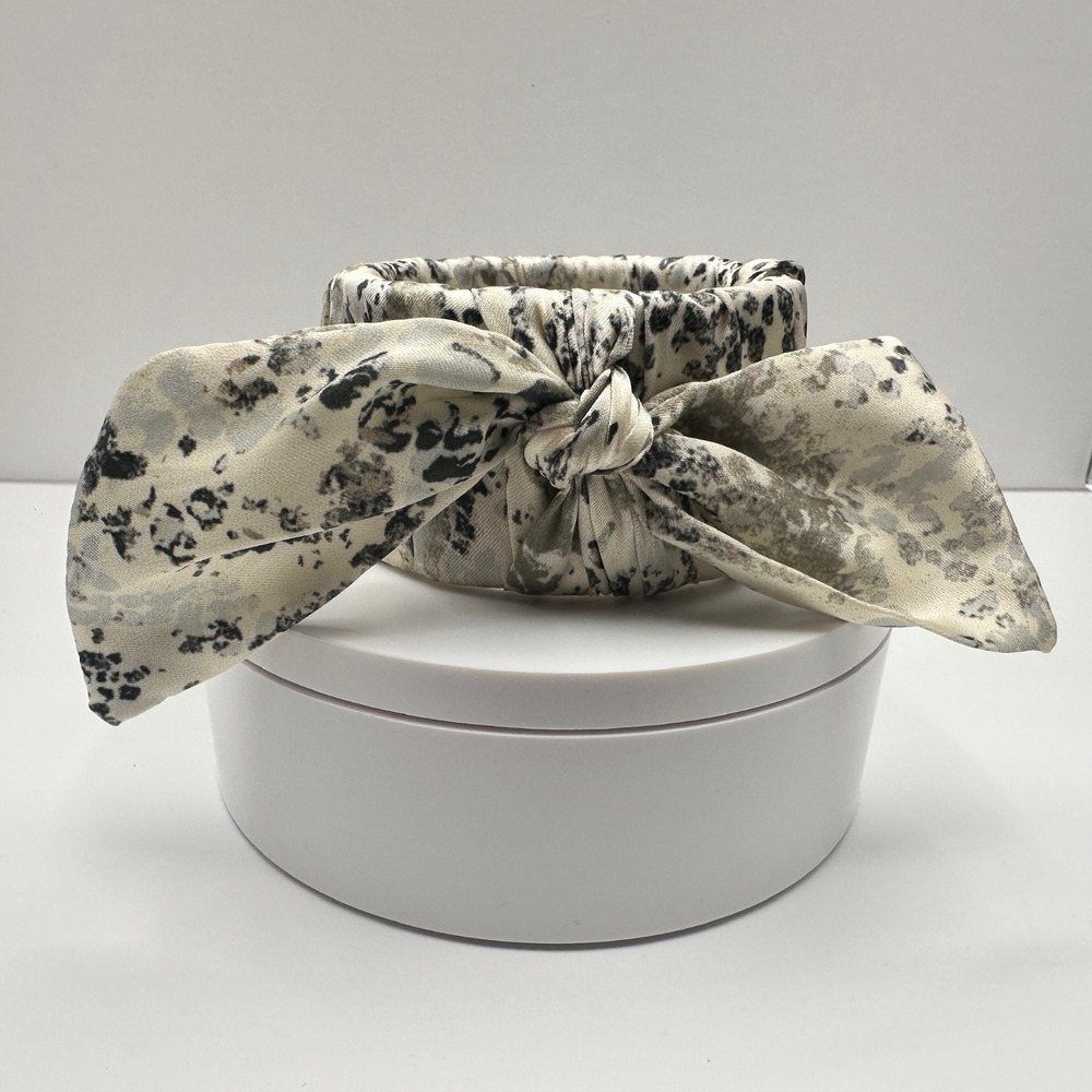 Vintage 90s Satin Leopard Print Bow Cuff Bracelet Cream & Black Fashion Jewelry